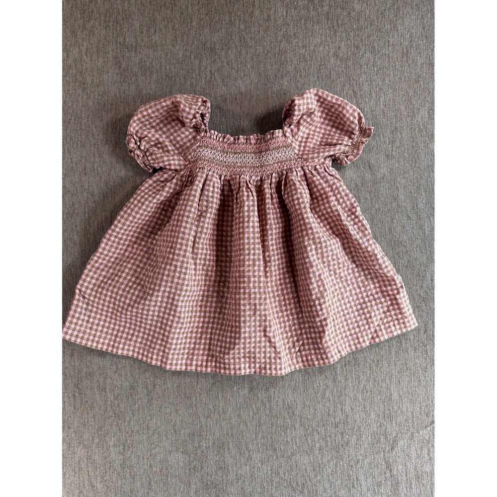 Gingersnaps Tiny Baby Girls Pink Brown Gingham Smocked Puff Sleeve Top 18M